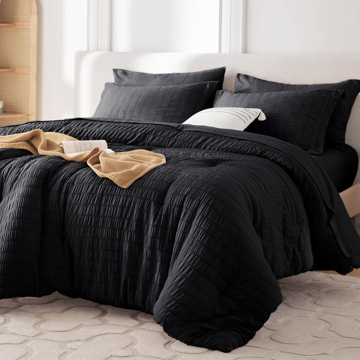 MUXHOMO 7 Pieces Queen Comforter Set, Seersucker Bed in a Bag Queen Size, All Season Luxury Bedding Set with Comforter, Flat Sheet, Fitted Sheet, Pillowcases & Shams, Beige