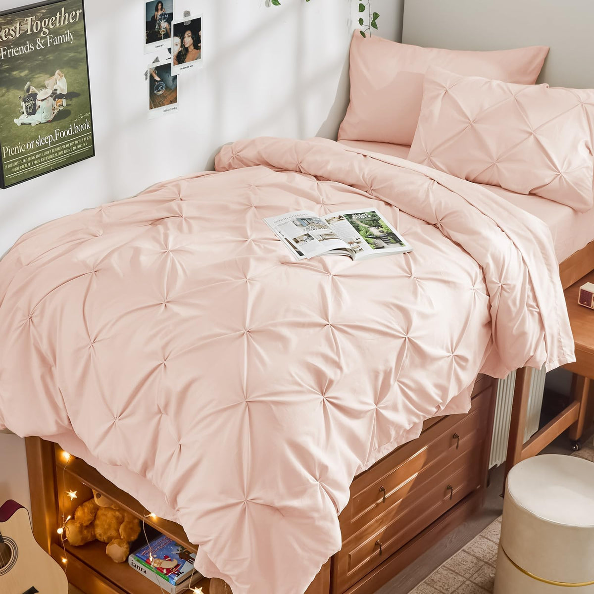 JOLLYVOGUE Queen Comforter Set 7 Pieces - Bed in a Bag Queen for All Season, Pintuck Bedding Comforter Sets with Comforter, Flat Sheet, Fitted Sheet and Pillowcases & Shams, Pink