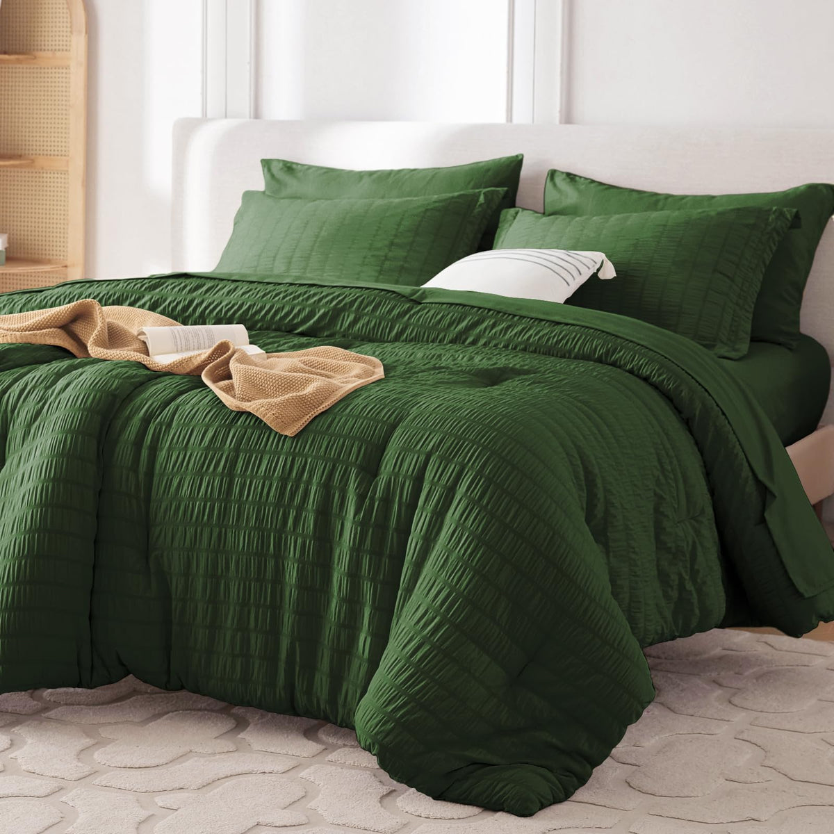 MUXHOMO 7 Pieces Queen Comforter Set, Seersucker Bed in a Bag Queen Size, All Season Luxury Bedding Set with Comforter, Flat Sheet, Fitted Sheet, Pillowcases & Shams, Beige