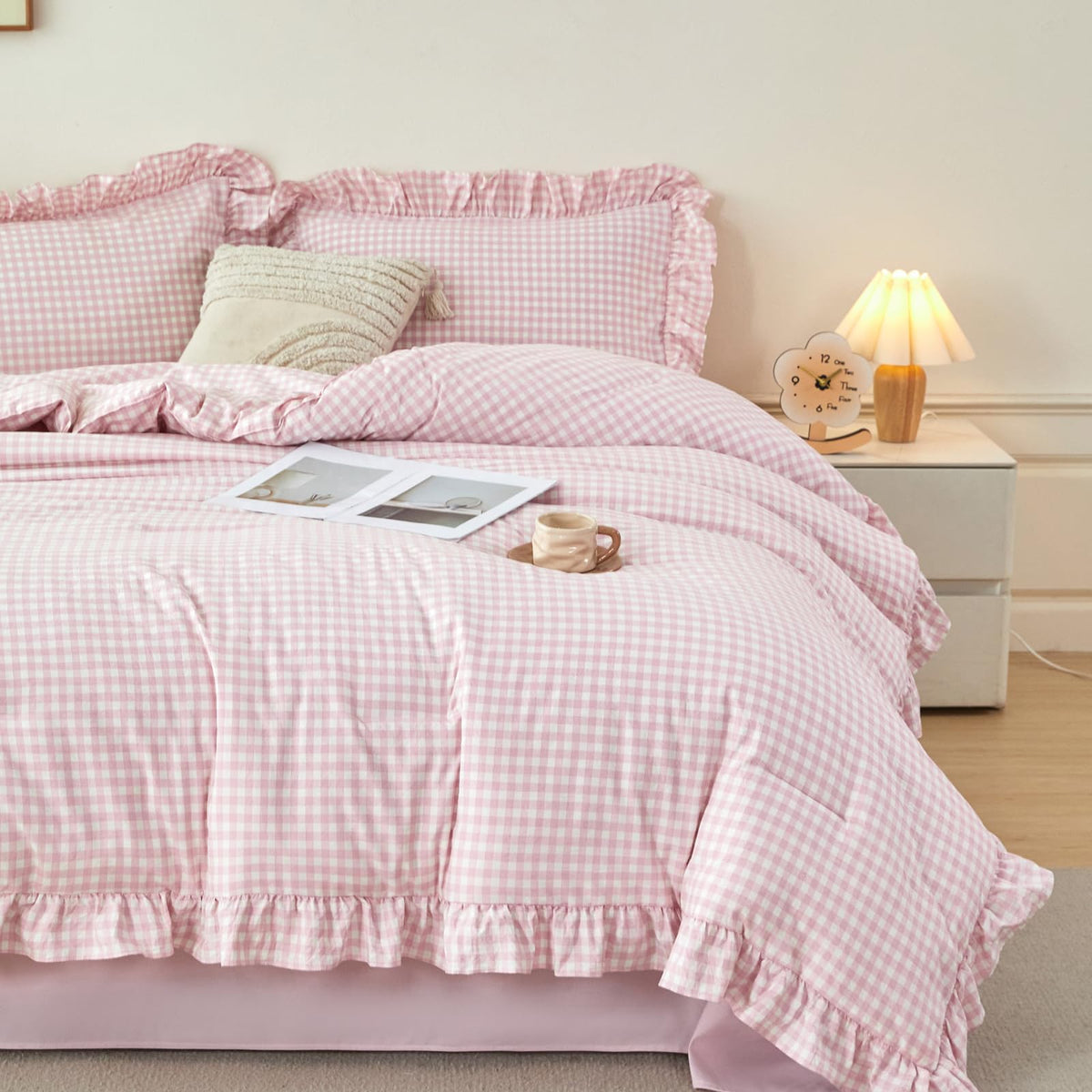RYNGHIPY Yellow Gingham Comforter Set 5 Pcs Plaid Ruffle Full Bed in a Bag