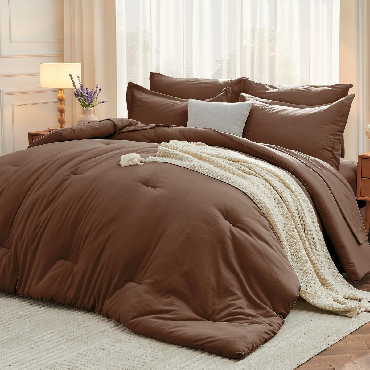 MUXHOMO 7 Pieces California King Comforter Set, Soft Bed in a Bag Cal King Size, All Season Bedding Set with Comforter, Flat Sheet, Fitted Sheet, Pillowcases & Shams, Beige