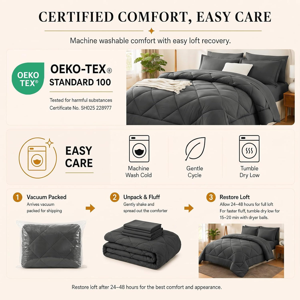 CozyLux Queen Comforter Set 88"x88" Dark Grey - 7 Piece Bed in a Bag