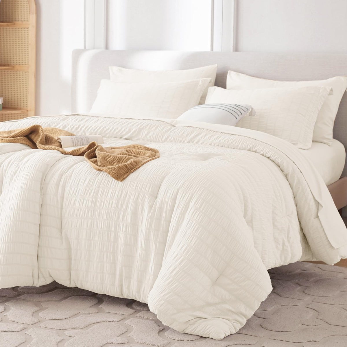 MUXHOMO 7 Pieces Queen Comforter Set, Seersucker Bed in a Bag Queen Size, All Season Luxury Bedding Set with Comforter, Flat Sheet, Fitted Sheet, Pillowcases & Shams, Beige