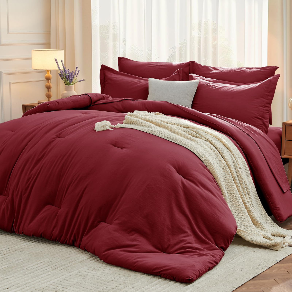 MUXHOMO 7 Pieces California King Comforter Set, Soft Bed in a Bag Cal King Size, All Season Bedding Set with Comforter, Flat Sheet, Fitted Sheet, Pillowcases & Shams, Beige