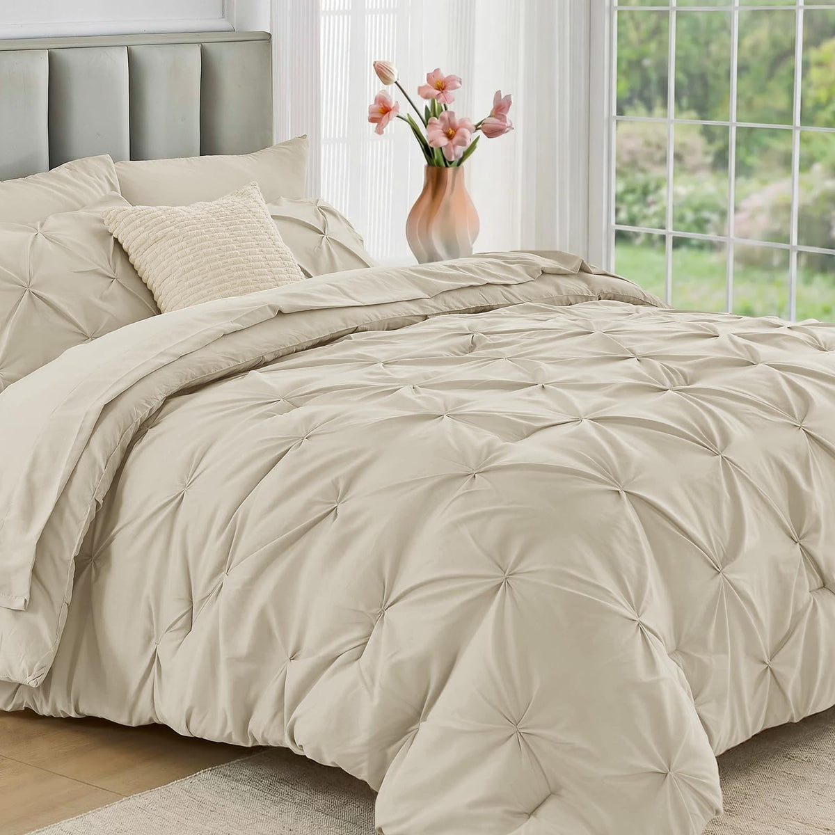 JOLLYVOGUE Queen Comforter Set 7 Pieces - Bed in a Bag Queen for All Season, Pintuck Bedding Comforter Sets with Comforter, Flat Sheet, Fitted Sheet and Pillowcases & Shams, Pink
