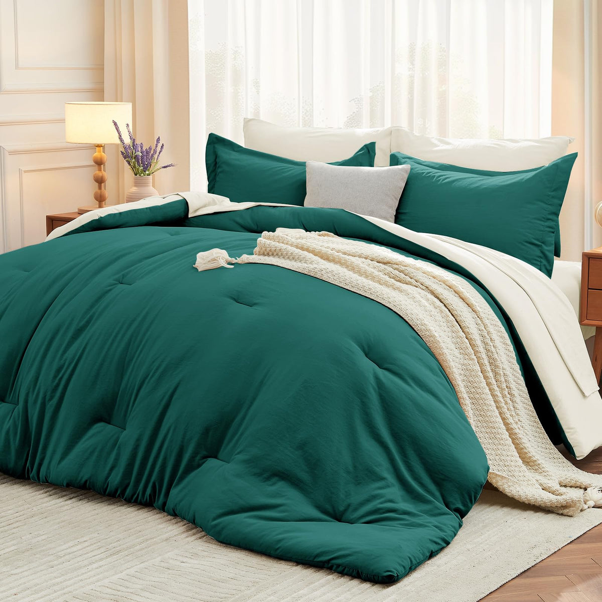MUXHOMO 7 Pieces California King Comforter Set, Soft Bed in a Bag Cal King Size, All Season Bedding Set with Comforter, Flat Sheet, Fitted Sheet, Pillowcases & Shams, Beige