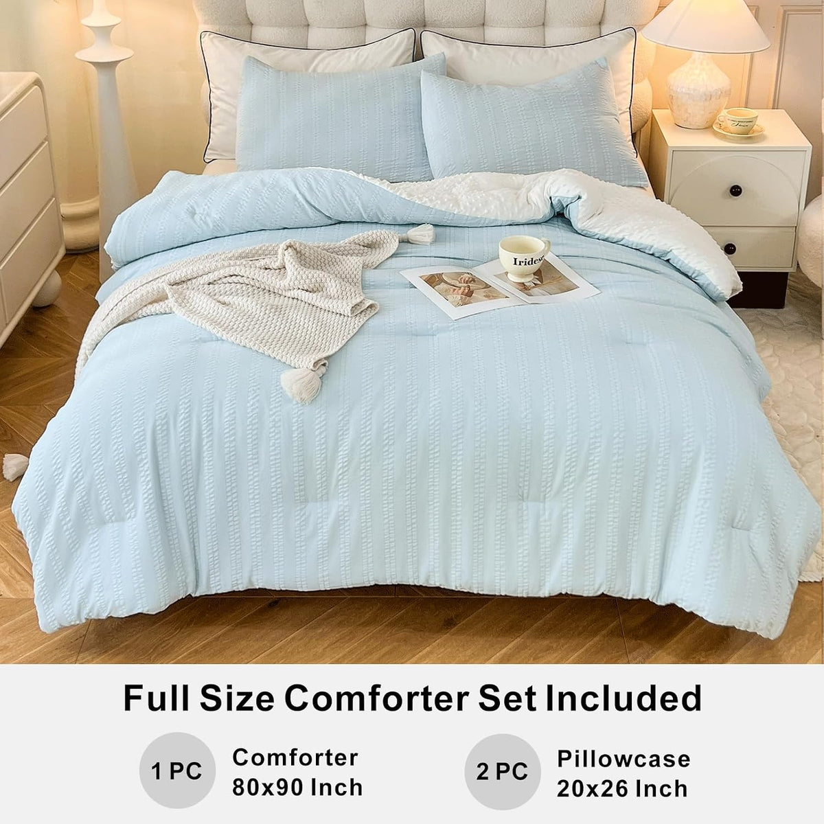 tohrisa Boho Comforter Set Full Size Striped Pleats Bohemian Seersucker Bedding Set All Season Soft Cozy 3 Pieces Quilt with 2 Pillowcases(80"X90" Light Blue)