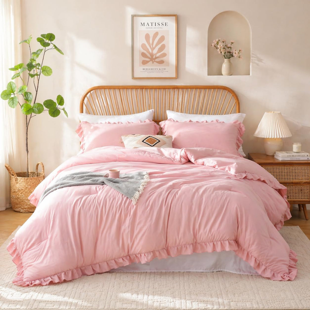 JANZAA Blush Pink Comforter Set Queen, Ruffle Soft Bedding