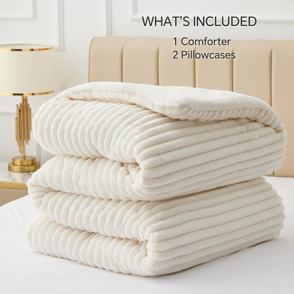 BEDELITE Fleece Queen Comforter Set, Fluffy Bed Set, Cream White