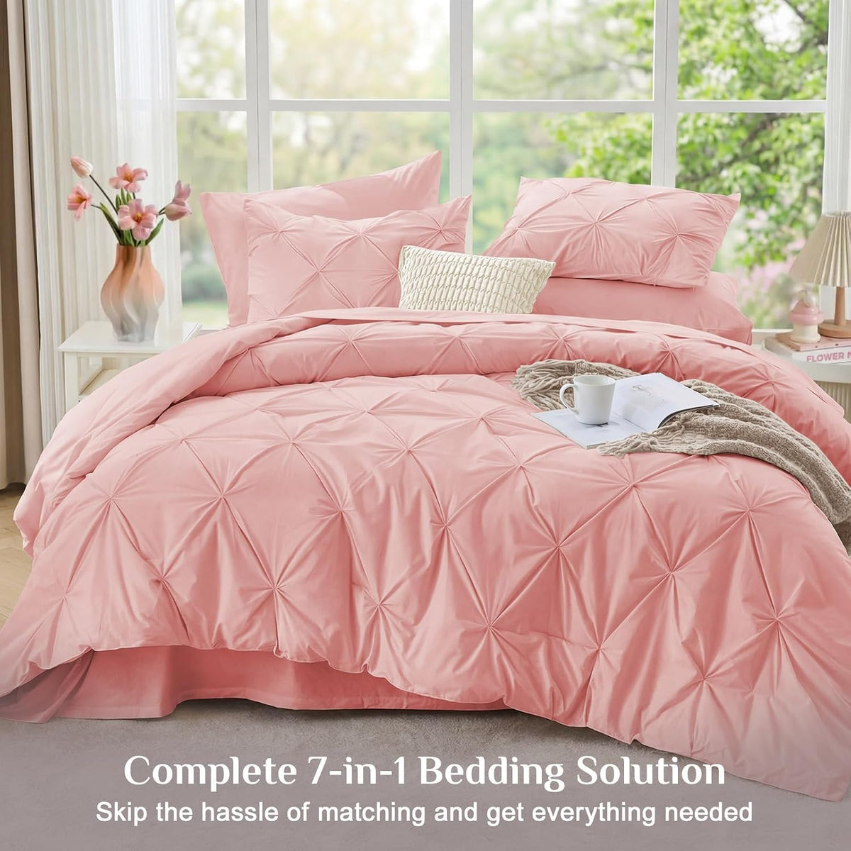 JOLLYVOGUE Queen Comforter Set 7 Pieces - Bed in a Bag Queen for All Season, Pintuck Bedding Comforter Sets with Comforter, Flat Sheet, Fitted Sheet and Pillowcases & Shams, Pink