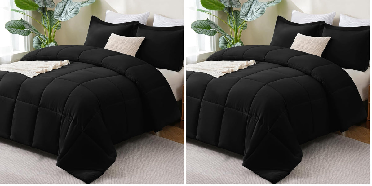 CozyLux Queen Comforter Set, 3-Piece Box-Stitched, Black