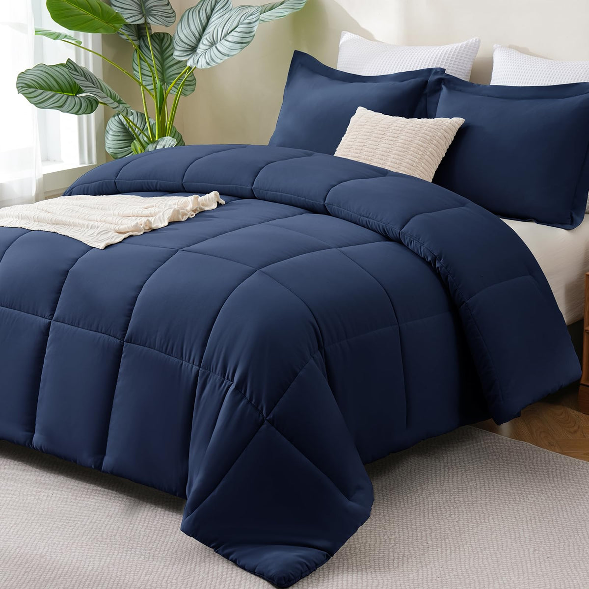 CozyLux Queen Comforter Set, 3-Piece Box-Stitched, Black