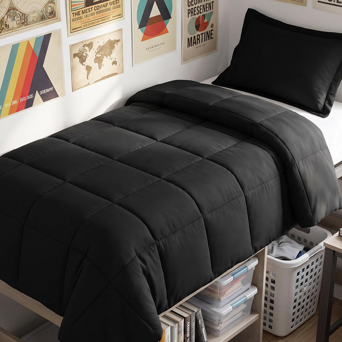 CozyLux Queen Comforter Set, 3-Piece Box-Stitched, Black