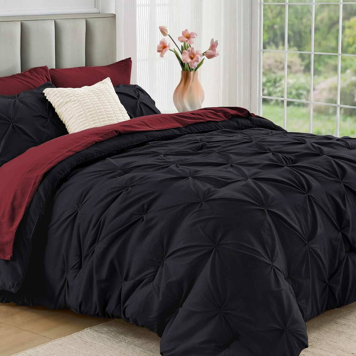 JOLLYVOGUE Queen Comforter Set 7 Pieces - Bed in a Bag Queen for All Season, Pintuck Bedding Comforter Sets with Comforter, Flat Sheet, Fitted Sheet and Pillowcases & Shams, Pink