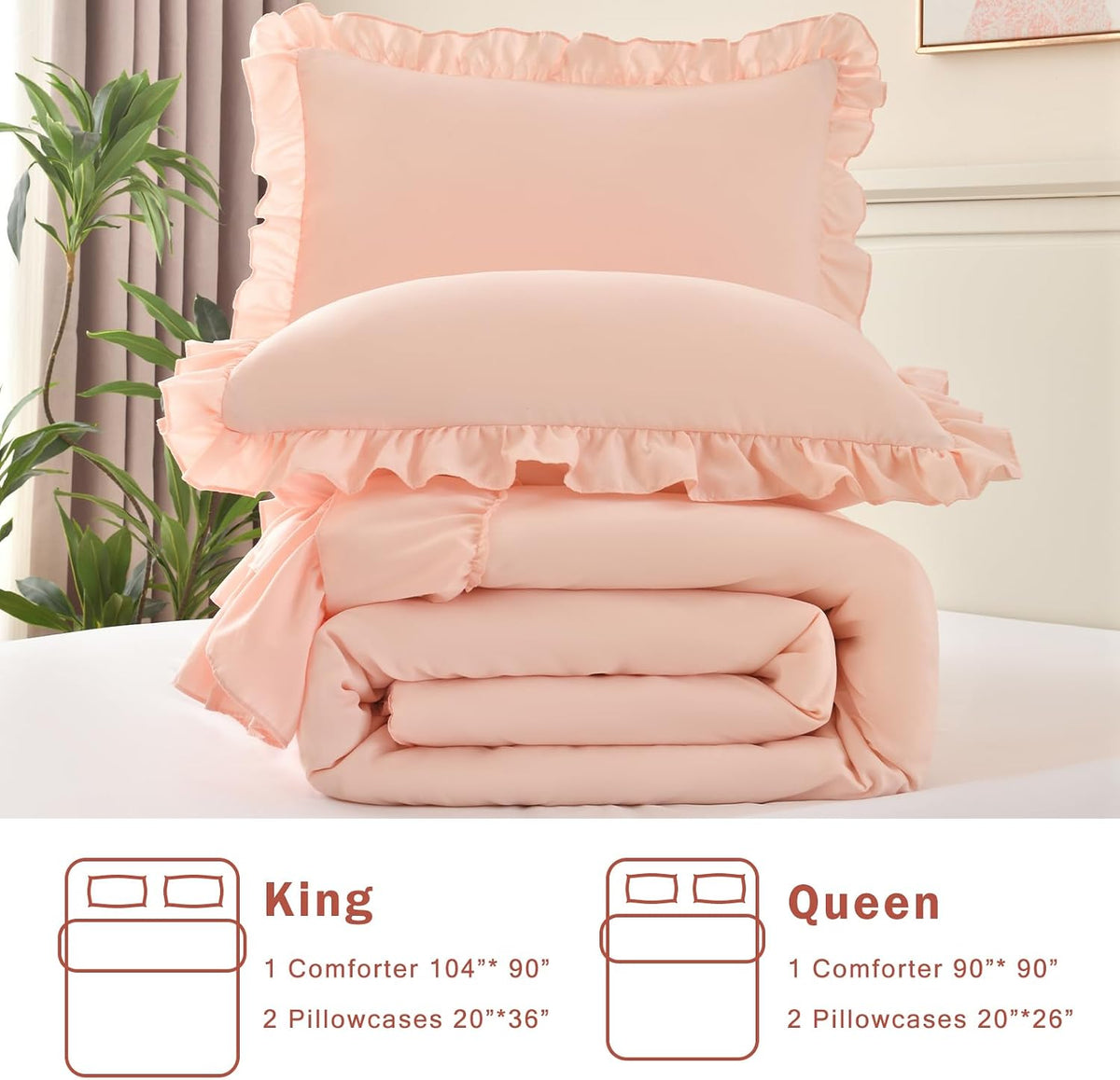 Cupocupa Blush Pink Comforter Set Queen, 3Pcs Comforters Queen Size Ruffle Farmhouse Bedding Sets Queen with Comforter, Lightweight Soft Shabby Chic Bedding Comforter Set Fluffy for All Season