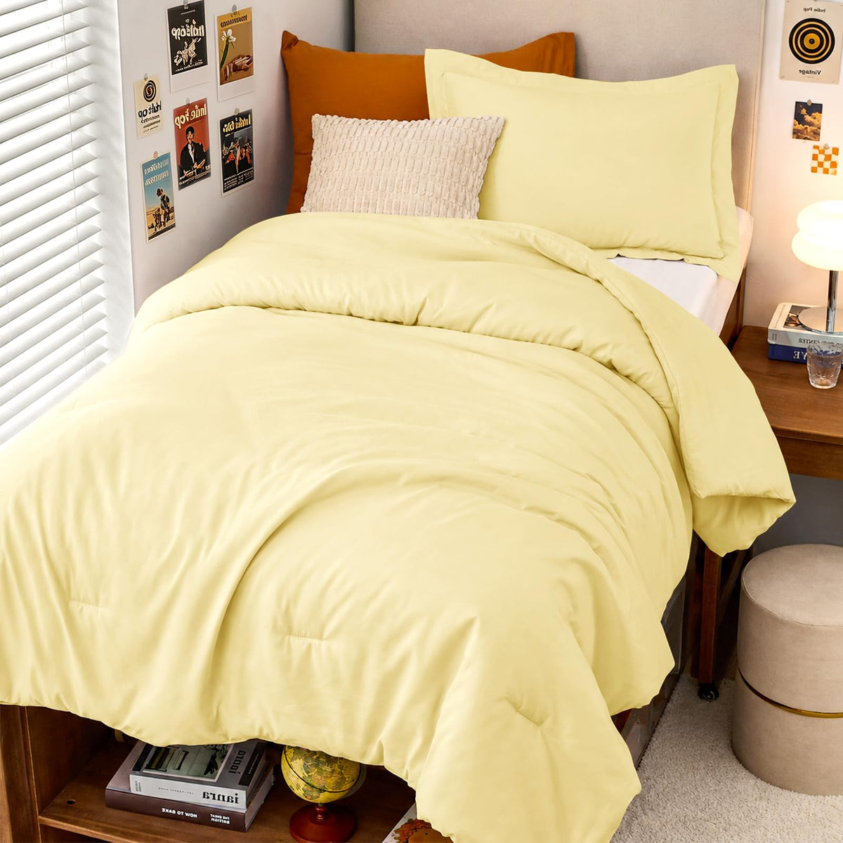 MUXHOMO Queen Size Comforter Set Beige, 3 Piece Solid Bedding for All Seasons, Warm Down Alternative Bed Set Includes 1 Lightweight Comforter (90"x90") and 2 Pillowshams (20"x26")