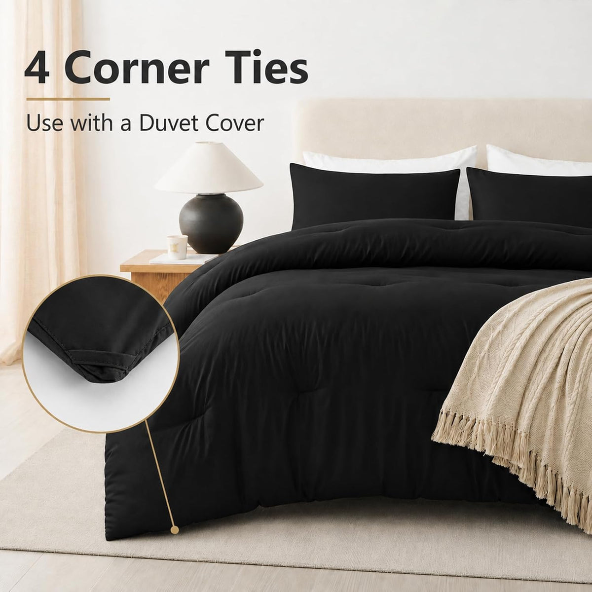 CozyLux Queen Comforter Set, 3 Pieces Down Alternative Bedding, Black