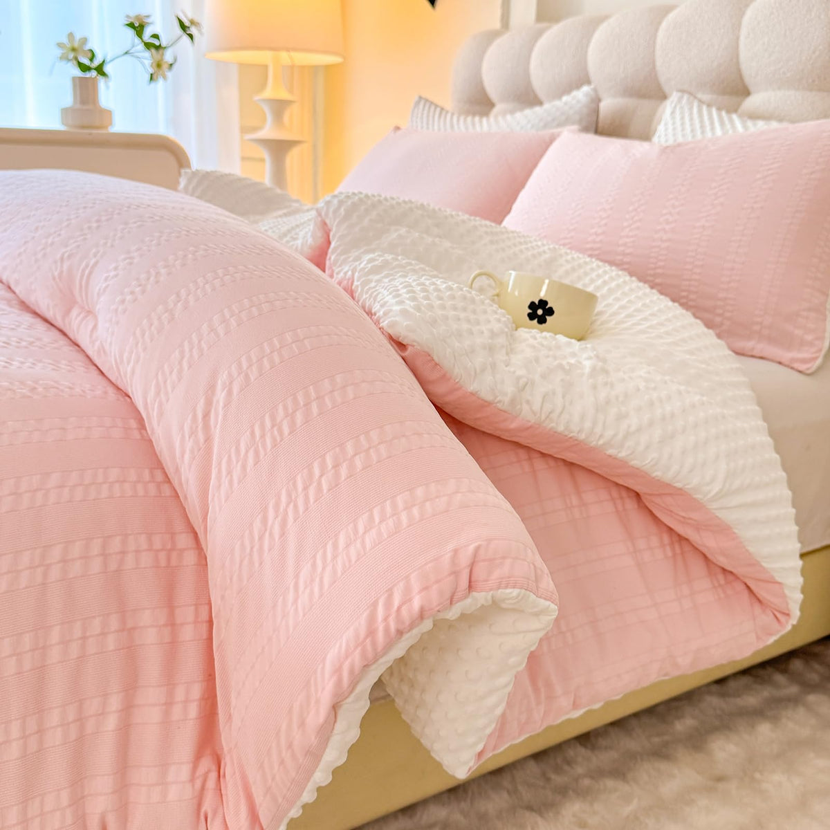 tohrisa Boho Comforter Set Full Size Striped Pleats Bohemian Seersucker Bedding Set All Season Soft Cozy 3 Pieces Quilt with 2 Pillowcases(80"X90" Light Blue)