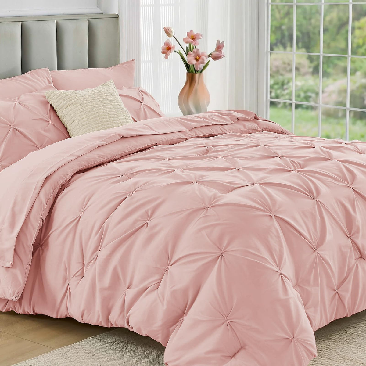 JOLLYVOGUE Queen Comforter Set 7 Pieces - Bed in a Bag Queen for All Season, Pintuck Bedding Comforter Sets with Comforter, Flat Sheet, Fitted Sheet and Pillowcases & Shams, Pink