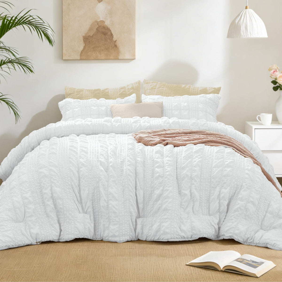 BEDELITE Queen Comforter Set, Seersucker Bedding Set 3 Pieces, Cream