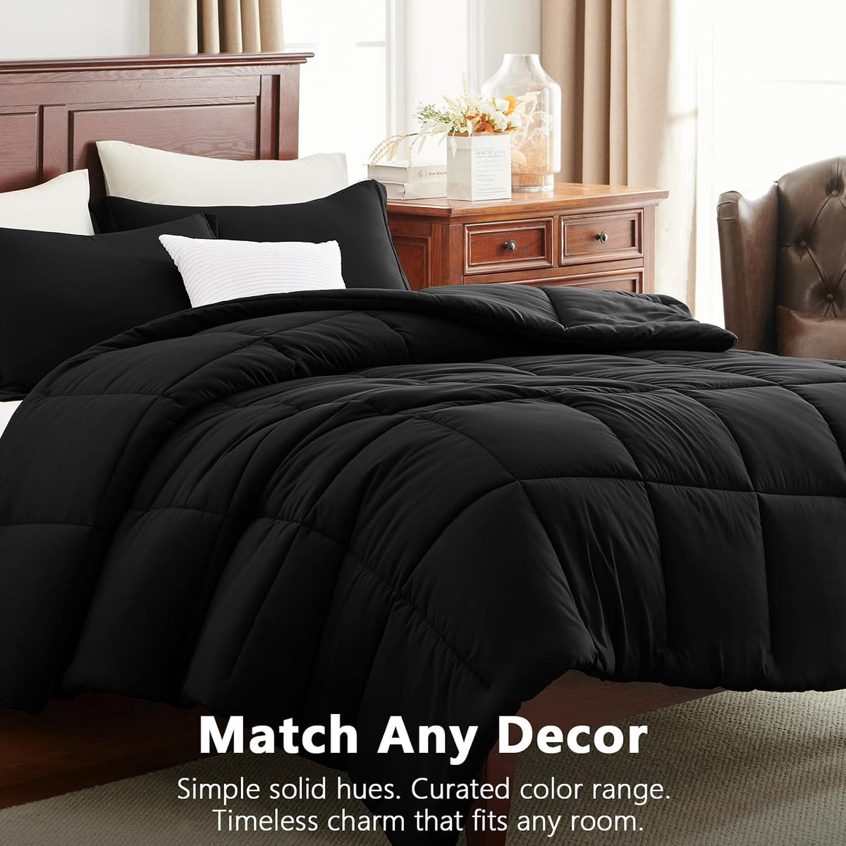 CozyLux Queen Comforter Set, 3-Piece Box-Stitched, Black