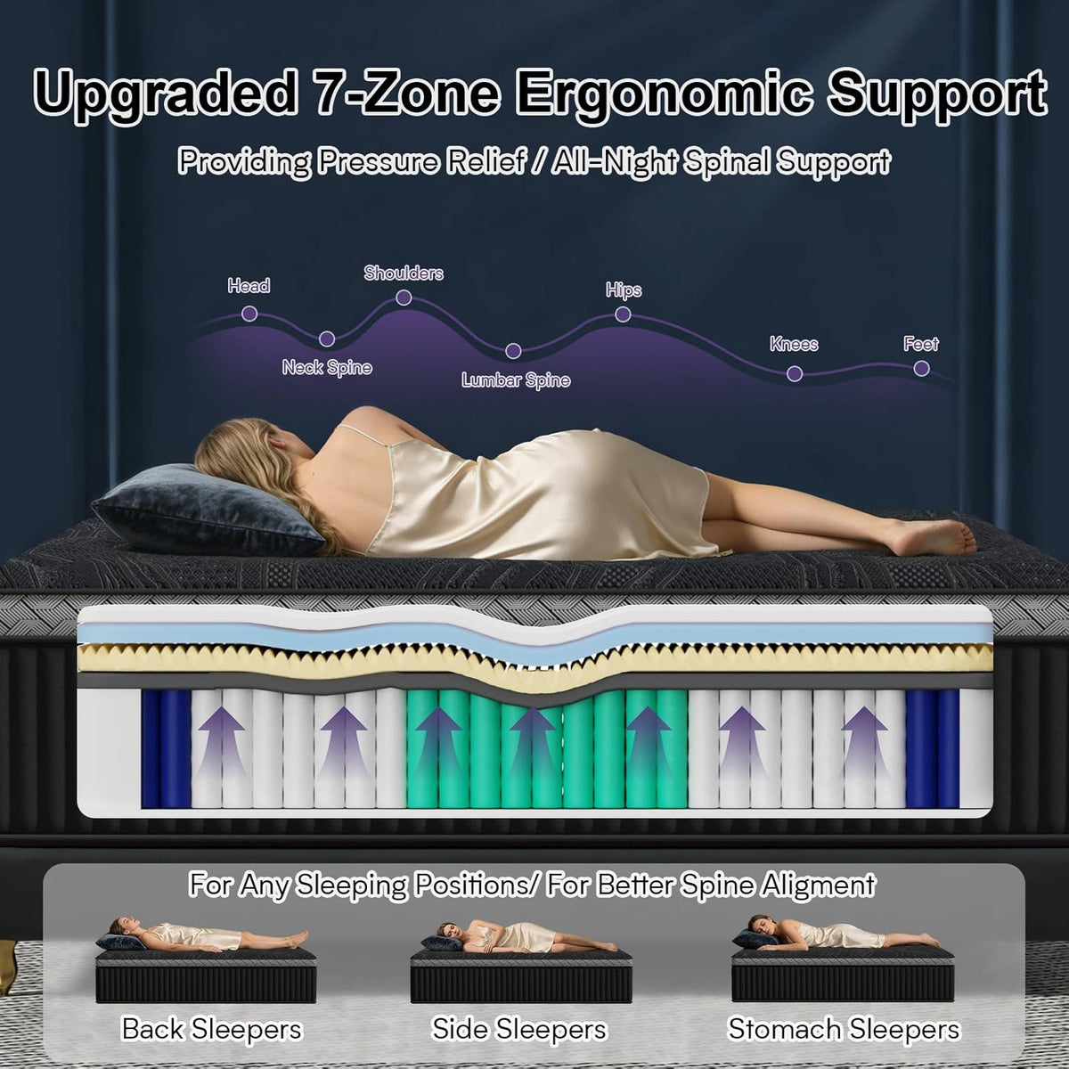 14 Inch Queen Size Mattress, Upgraded Luxury Hybrid Queen Mattress In A Box with 7-Zone Support for Cool Night & Pressure Relief, Fiberglass Free, 365 Nights Trial, 10 Years Warranty, Medium Firm