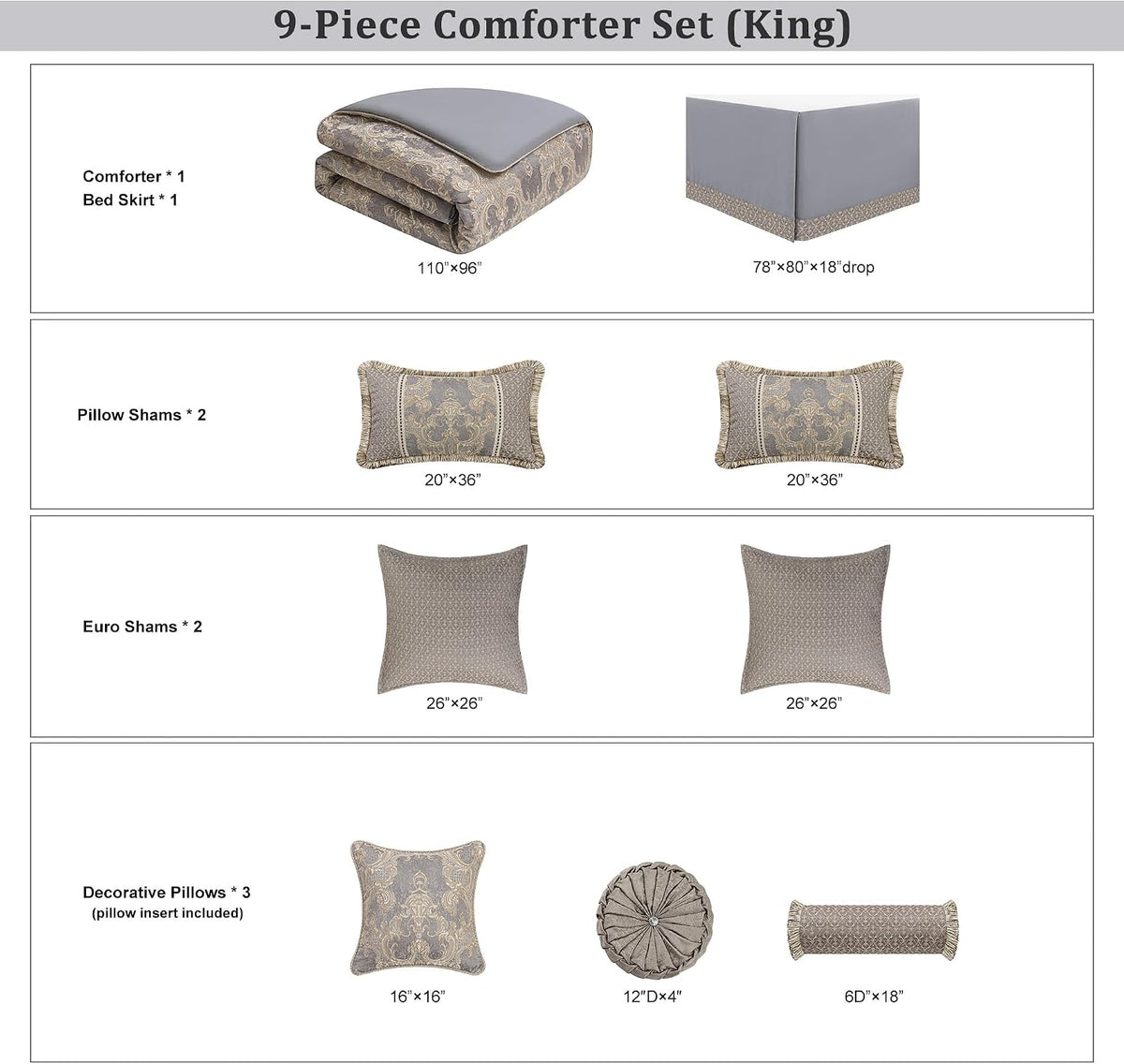 Loom and Mill 9-Piece Luxury Jacquard Comforter Set, Gray+Beige Brown, King