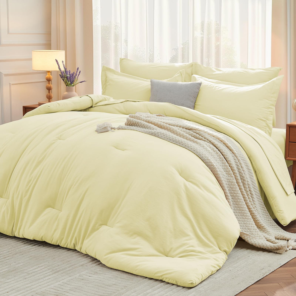 MUXHOMO 7 Pieces California King Comforter Set, Soft Bed in a Bag Cal King Size, All Season Bedding Set with Comforter, Flat Sheet, Fitted Sheet, Pillowcases & Shams, Beige