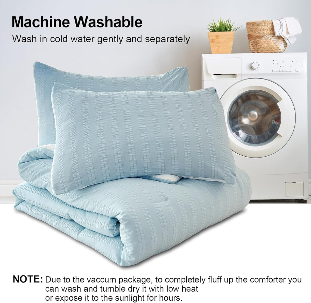tohrisa Boho Comforter Set Full Size Striped Pleats Bohemian Seersucker Bedding Set All Season Soft Cozy 3 Pieces Quilt with 2 Pillowcases(80"X90" Light Blue)