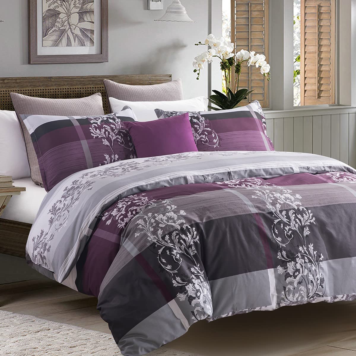 SLEEPBELLA Comforter Queen Size, 600 Thread Count Cotton Brown Branches and Blue Flowers Off-White Comforter Sets, Down Alternative Bedding Set 3Pcs(Queen, Off-White Botanical)