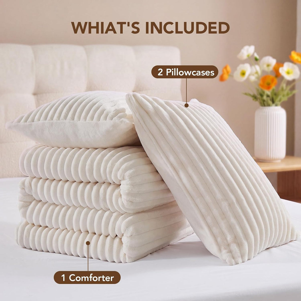 HYLEORY Fluffy Queen Comforter Set 3 Pieces - Fleece Fluffy Soft & Warm Plush Cream White Comforter Sets, Luxury Fuzzy Bedding Sets, All Season Heavy Bed Set Queen Size with 2 Pillowcases