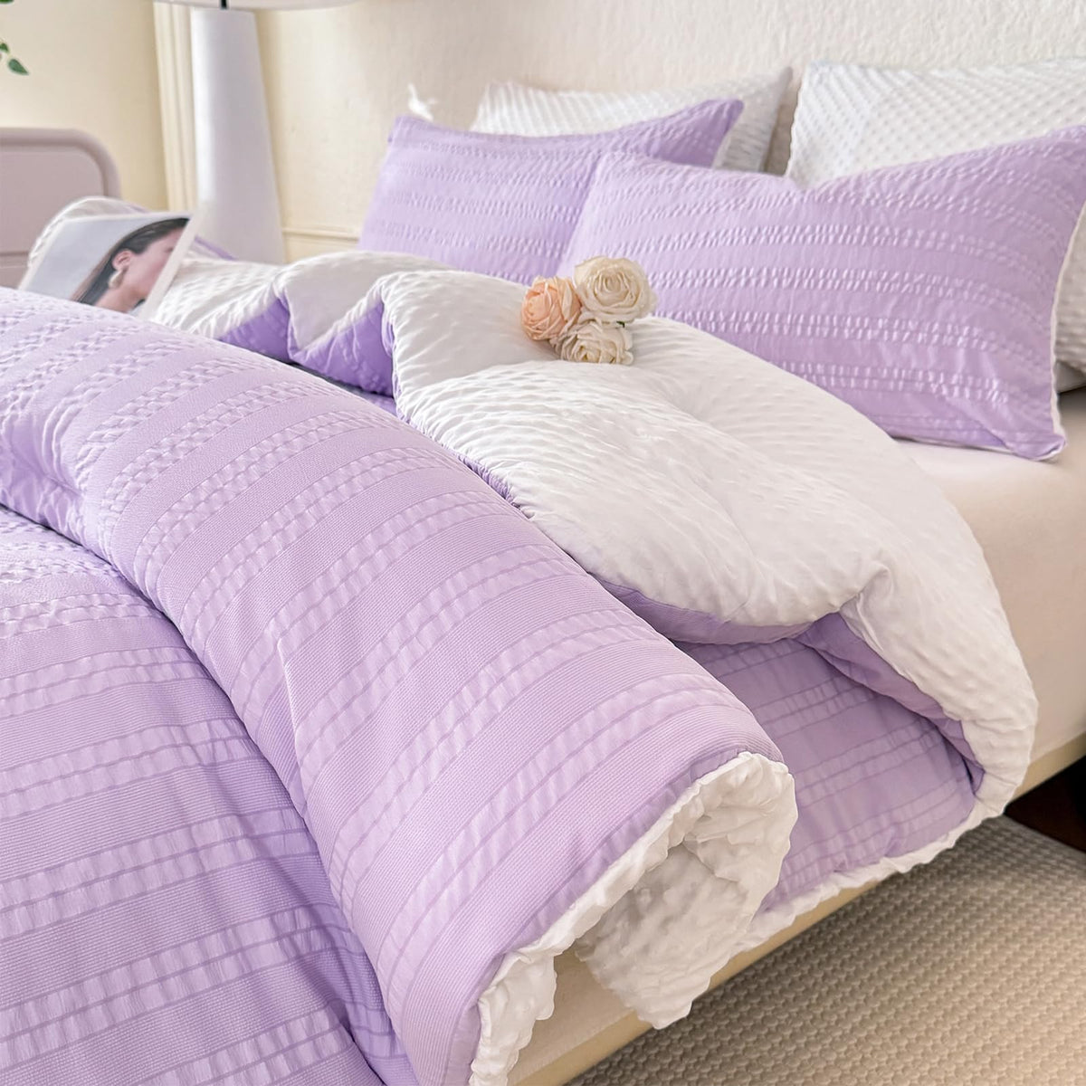 tohrisa Boho Comforter Set Full Size Striped Pleats Bohemian Seersucker Bedding Set All Season Soft Cozy 3 Pieces Quilt with 2 Pillowcases(80"X90" Light Blue)