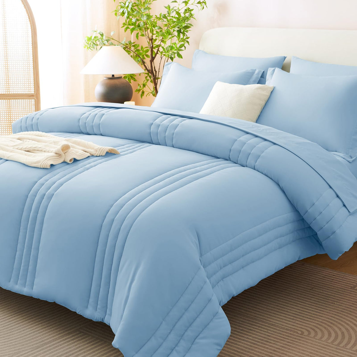 CozyLux Queen Comforter Set Beige - 7 Pieces Vertical Quilted Bed in a Bag