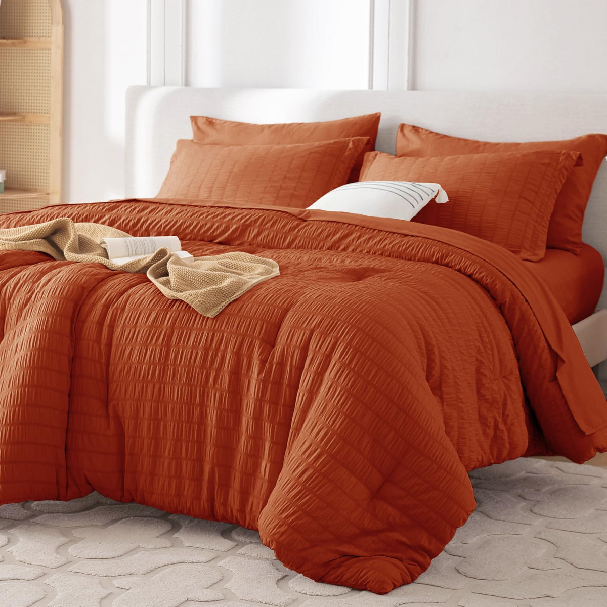 MUXHOMO 7 Pieces Queen Comforter Set, Seersucker Bed in a Bag Queen Size, All Season Luxury Bedding Set with Comforter, Flat Sheet, Fitted Sheet, Pillowcases & Shams, Beige