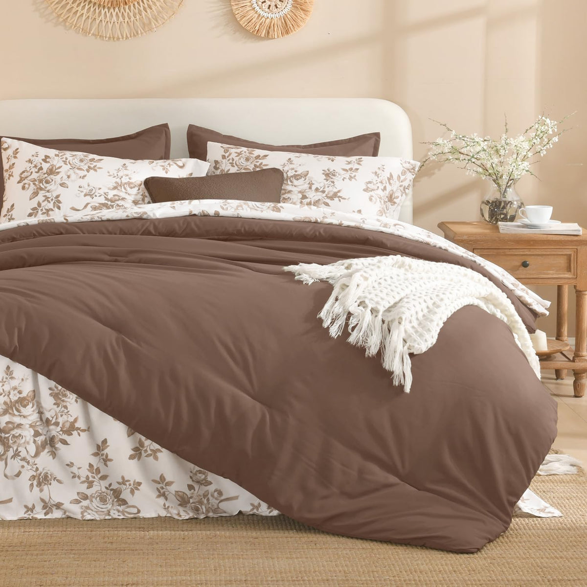 Litanika Floral Queen Comforter Set, 7 Peices Olive Green Bed in a Bag
