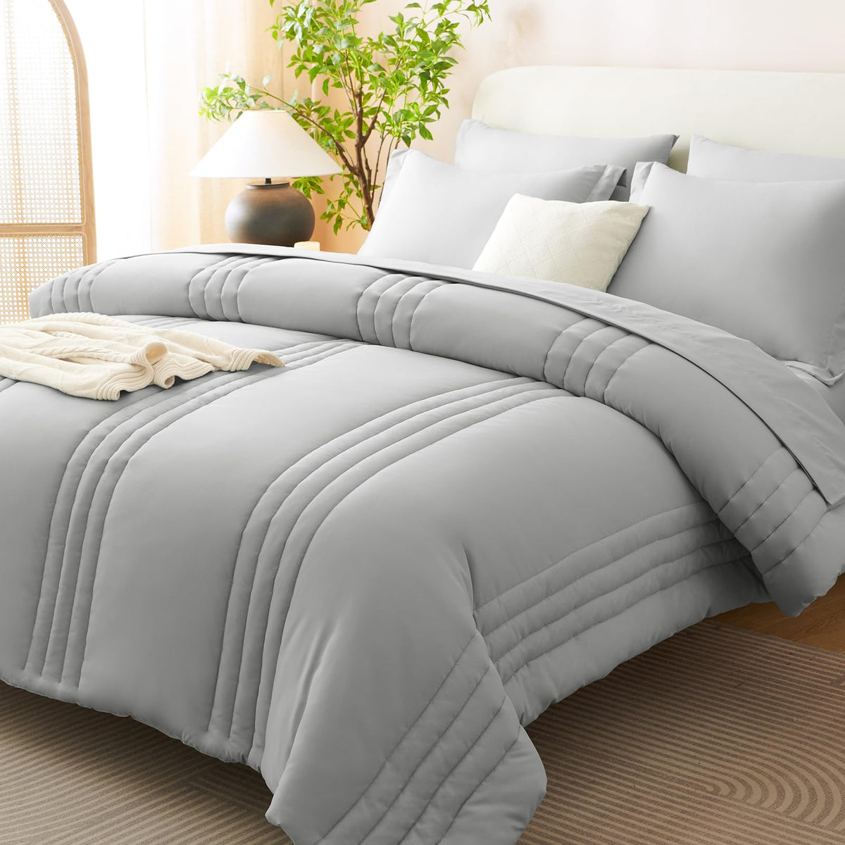 CozyLux Queen Comforter Set Beige - 7 Pieces Vertical Quilted Bed in a Bag