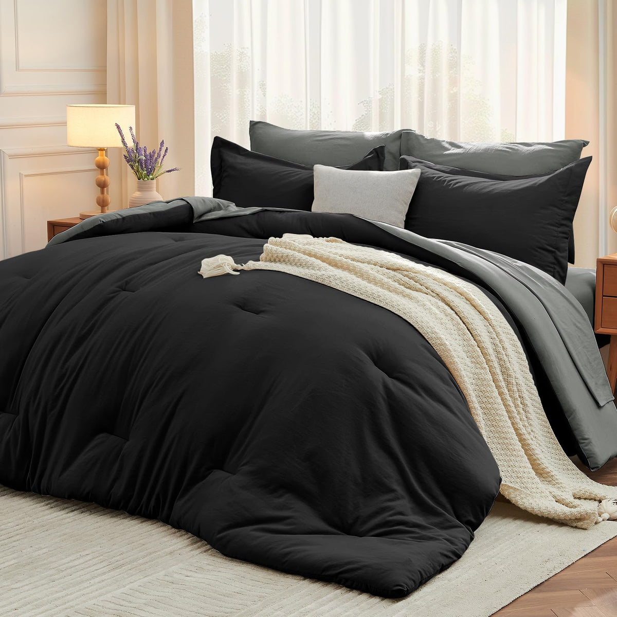 MUXHOMO 7 Pieces California King Comforter Set, Soft Bed in a Bag Cal King Size, All Season Bedding Set with Comforter, Flat Sheet, Fitted Sheet, Pillowcases & Shams, Beige