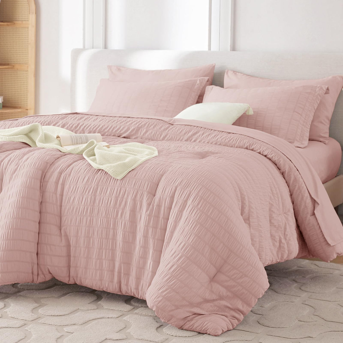 MUXHOMO 7 Pieces Queen Comforter Set, Seersucker Bed in a Bag Queen Size, All Season Luxury Bedding Set with Comforter, Flat Sheet, Fitted Sheet, Pillowcases & Shams, Beige