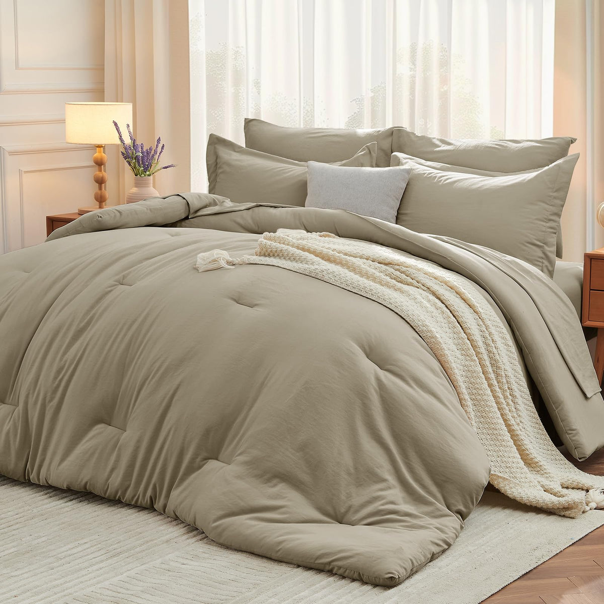 MUXHOMO 7 Pieces California King Comforter Set, Soft Bed in a Bag Cal King Size, All Season Bedding Set with Comforter, Flat Sheet, Fitted Sheet, Pillowcases & Shams, Beige