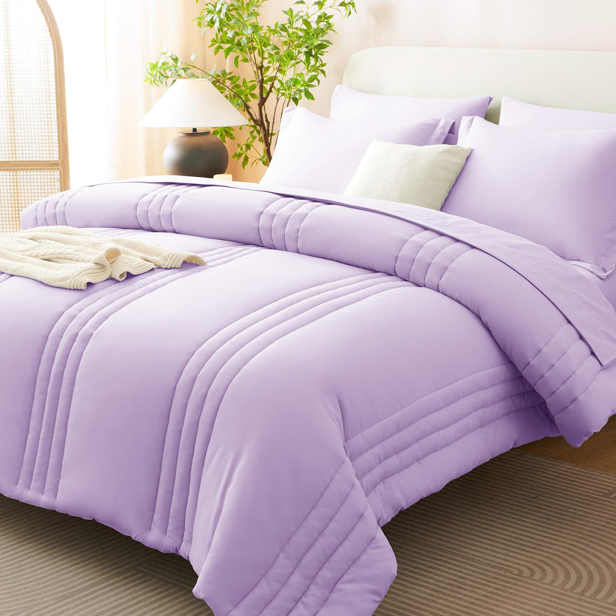 CozyLux Queen Comforter Set Beige - 7 Pieces Vertical Quilted Bed in a Bag