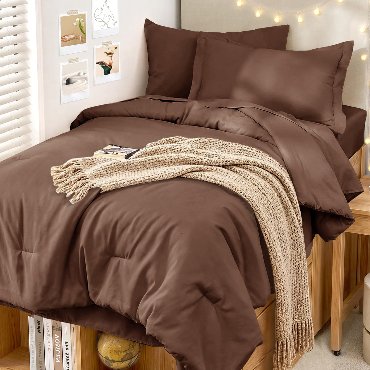 MUXHOMO 7 Pieces California King Comforter Set, Soft Bed in a Bag Cal King Size, All Season Bedding Set with Comforter, Flat Sheet, Fitted Sheet, Pillowcases & Shams, Beige