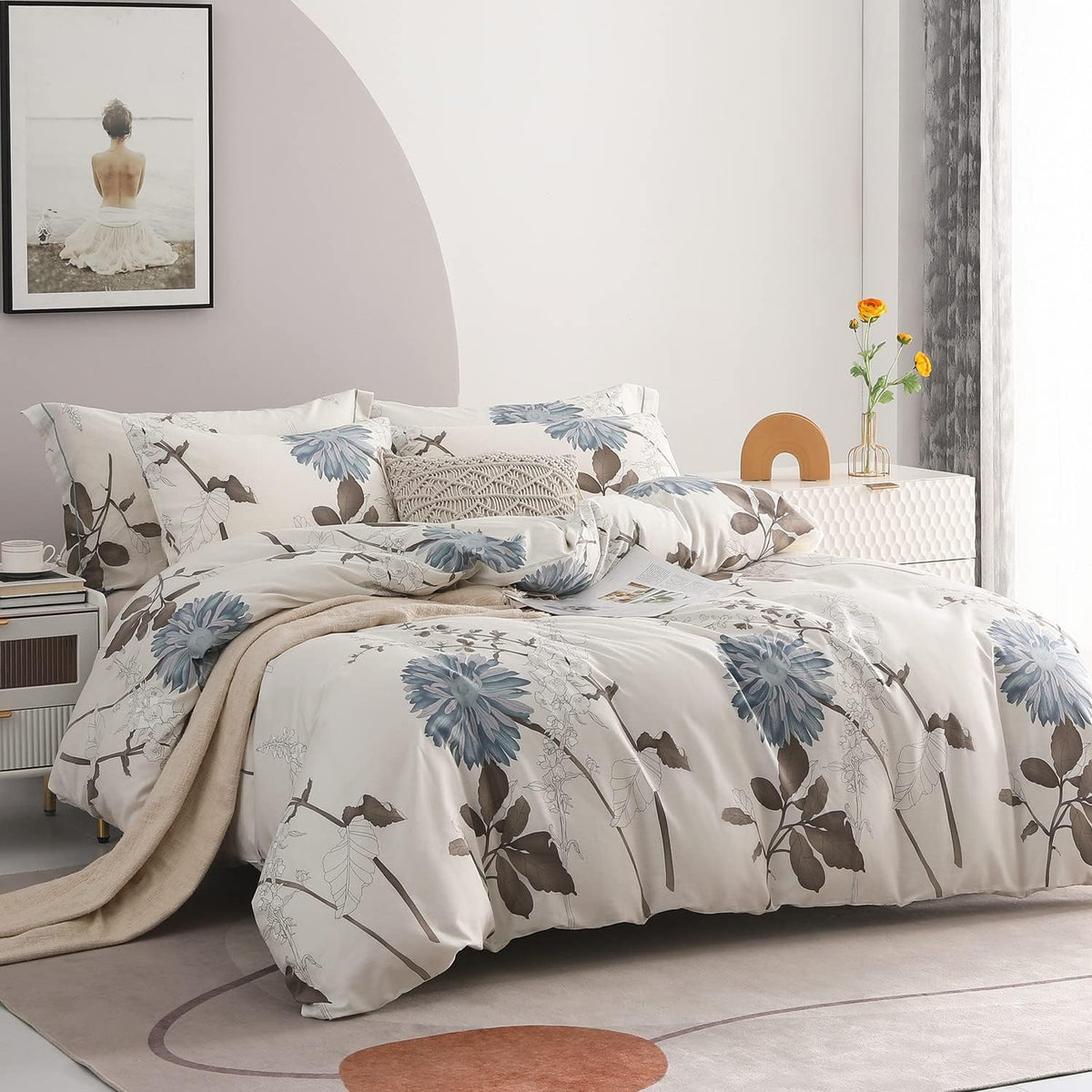 SLEEPBELLA Comforter Queen Size, 600 Thread Count Cotton Brown Branches and Blue Flowers Off-White Comforter Sets, Down Alternative Bedding Set 3Pcs(Queen, Off-White Botanical)
