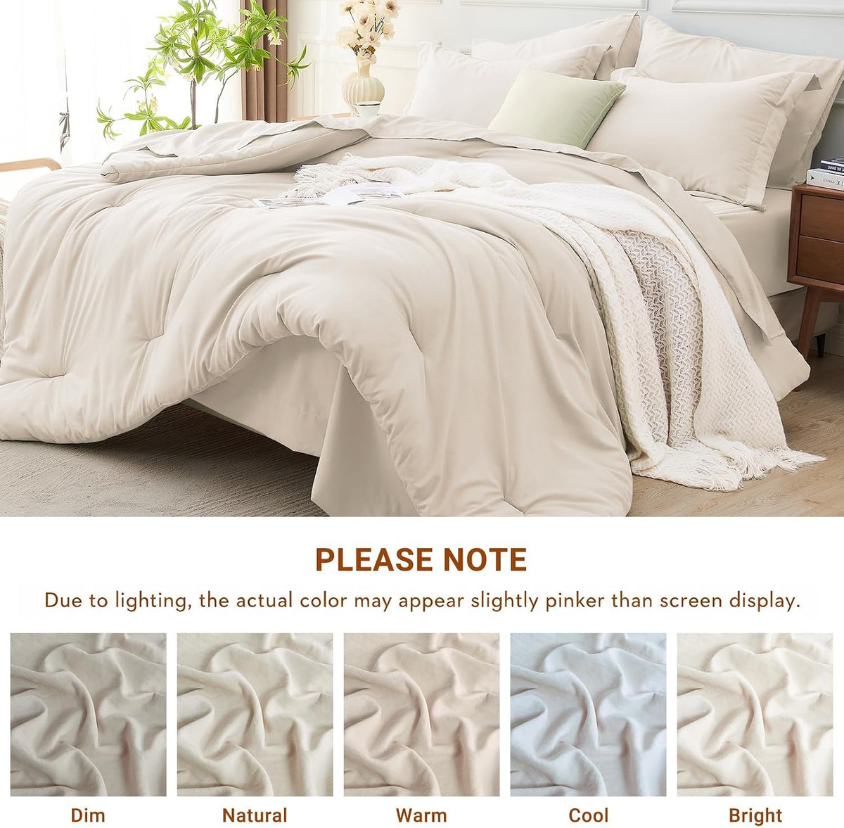 MUXHOMO 7 Pieces California King Comforter Set, Soft Bed in a Bag Cal King Size, All Season Bedding Set with Comforter, Flat Sheet, Fitted Sheet, Pillowcases & Shams, Beige