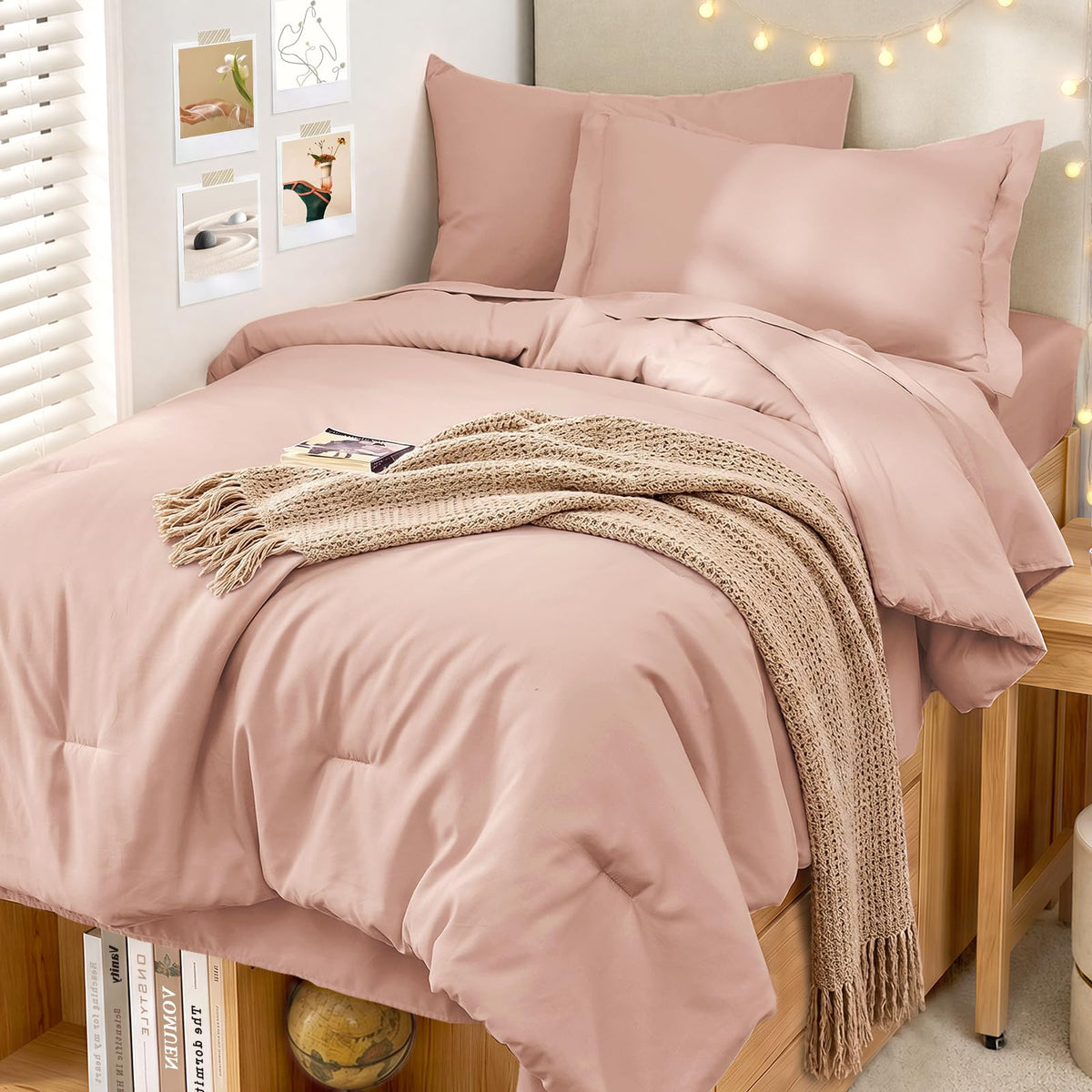 MUXHOMO 7 Pieces California King Comforter Set, Soft Bed in a Bag Cal King Size, All Season Bedding Set with Comforter, Flat Sheet, Fitted Sheet, Pillowcases & Shams, Beige