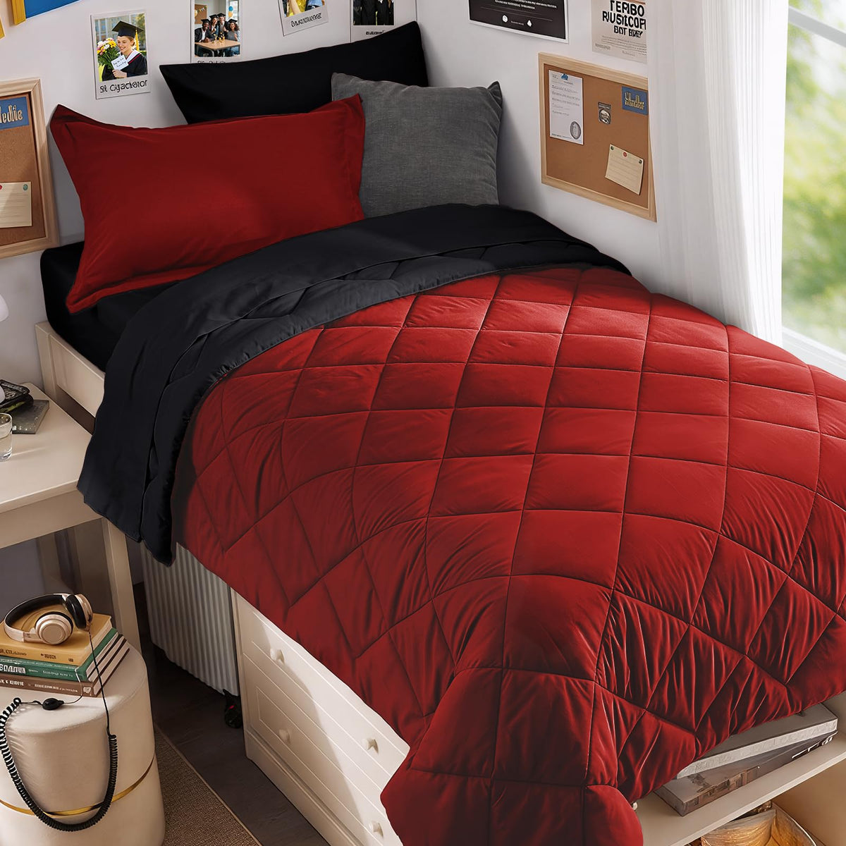 MUXHOMO 7 Pieces Queen Comforter Set, Reversible Bed in a Bag Queen Size, All Season Bedding Set with Comforter, Flat Sheet, Fitted Sheet, Pillowcases & Shams, Red & Black