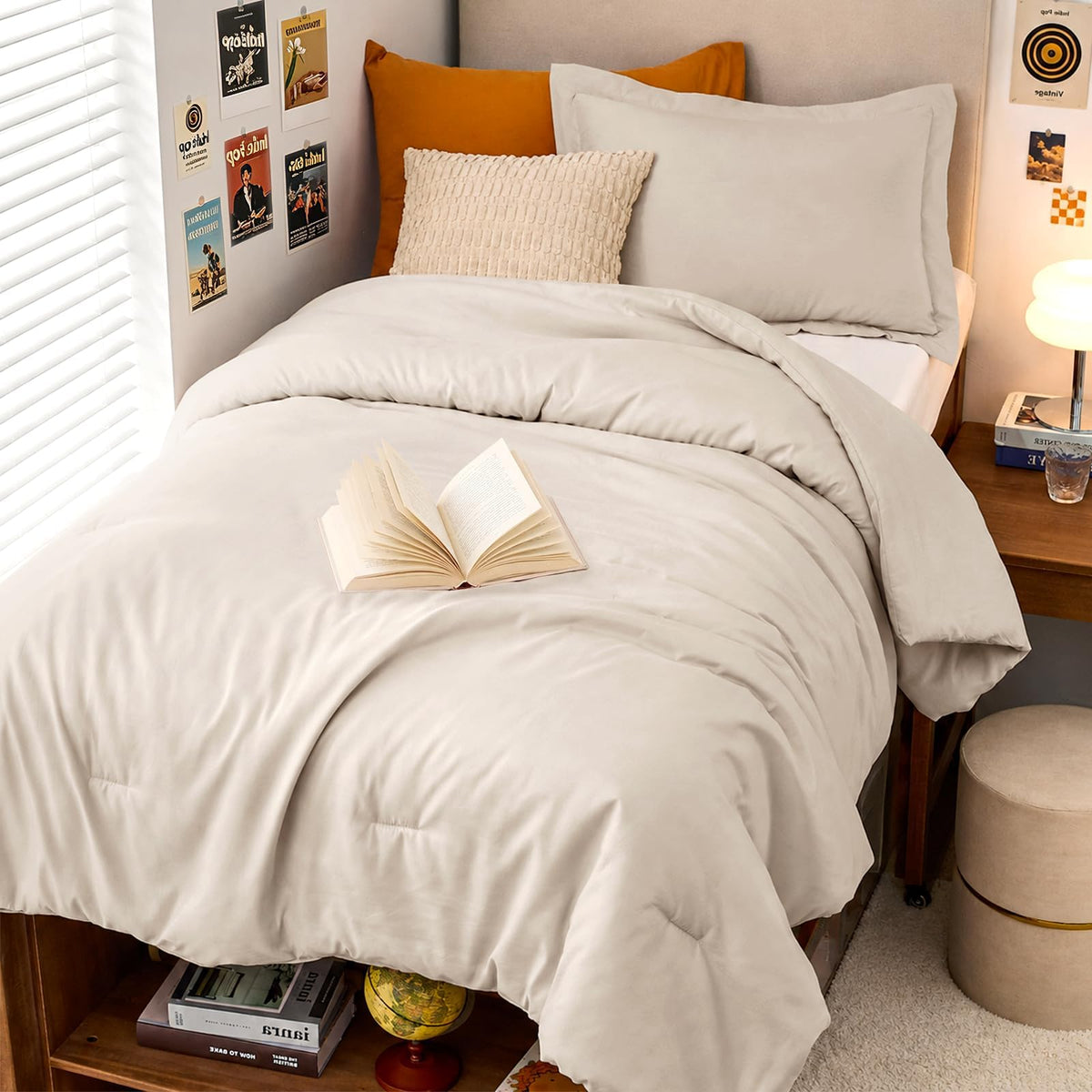 MUXHOMO Queen Size Comforter Set Beige, 3 Piece Solid Bedding for All Seasons, Warm Down Alternative Bed Set Includes 1 Lightweight Comforter (90"x90") and 2 Pillowshams (20"x26")