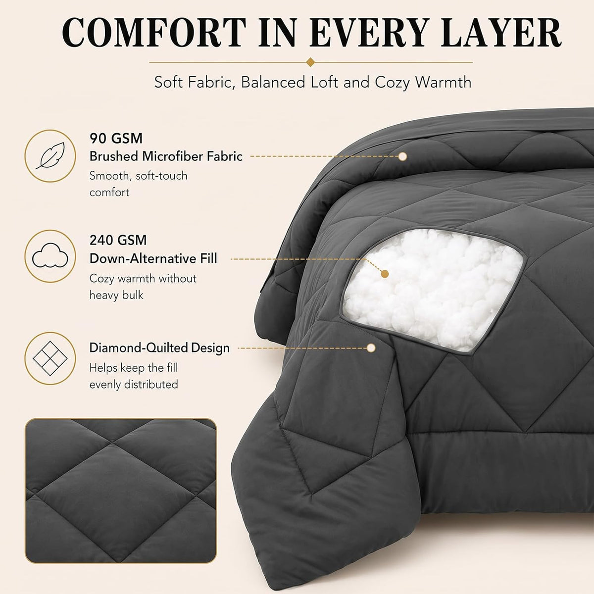 CozyLux Queen Comforter Set 88"x88" Dark Grey - 7 Piece Bed in a Bag