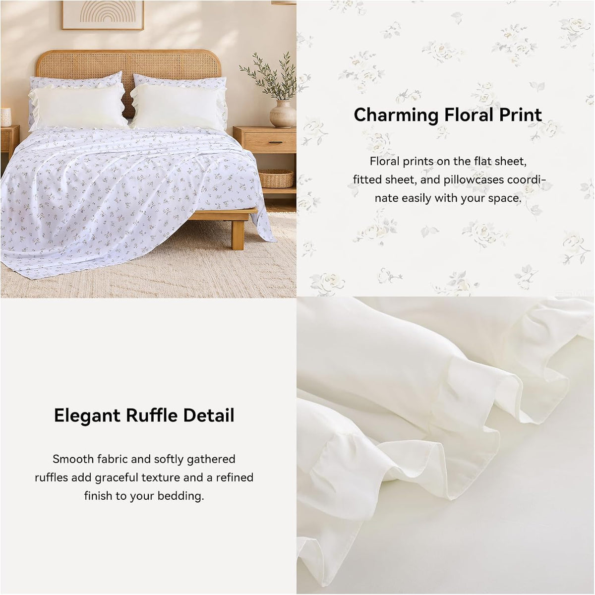 JANZAA Ruffle Queen Comforter Set with Floral Sheets 7 Pieces Cream White