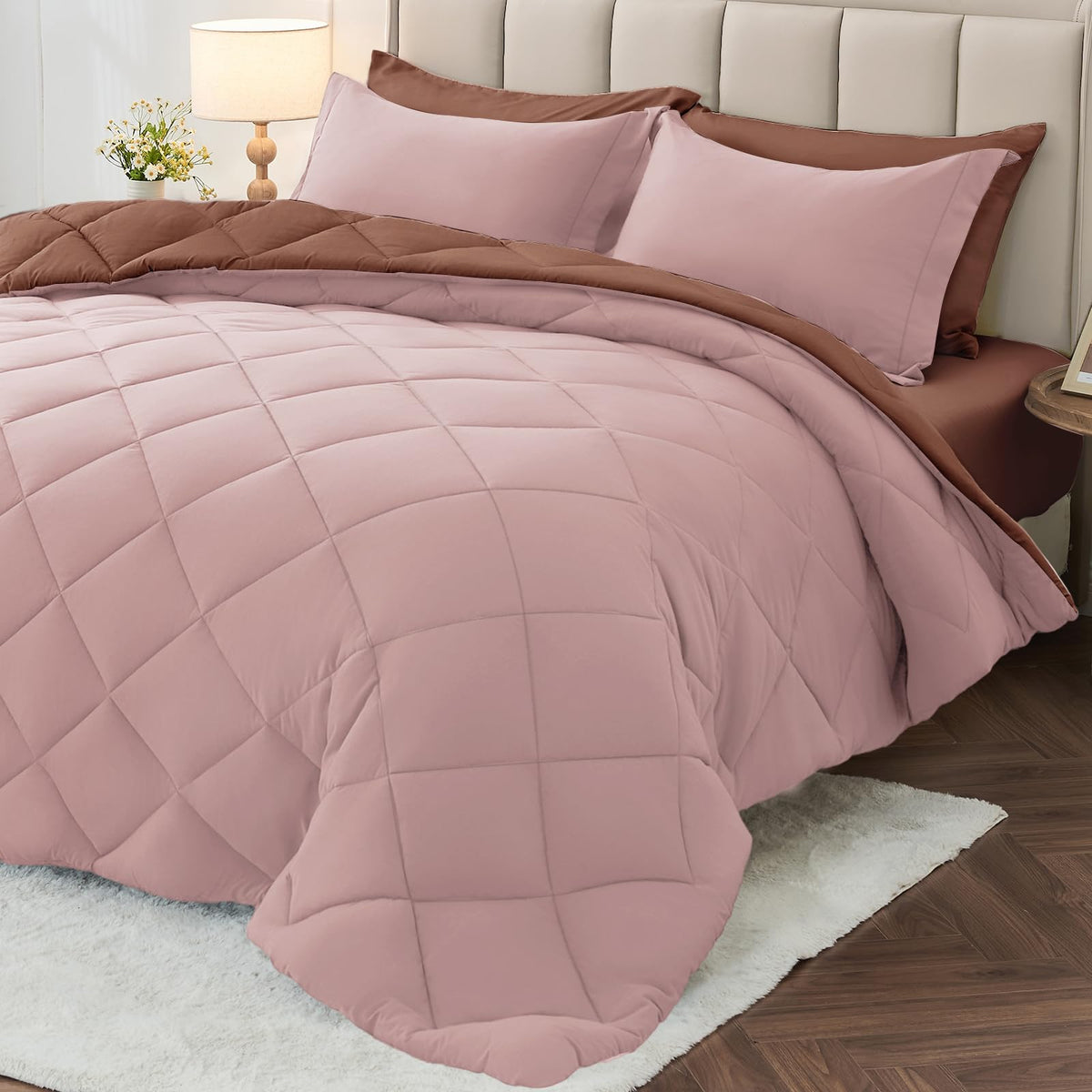 MUXHOMO 7 Pieces Queen Comforter Set, Reversible Bed in a Bag Queen Size, All Season Bedding Set with Comforter, Flat Sheet, Fitted Sheet, Pillowcases & Shams, Red & Black