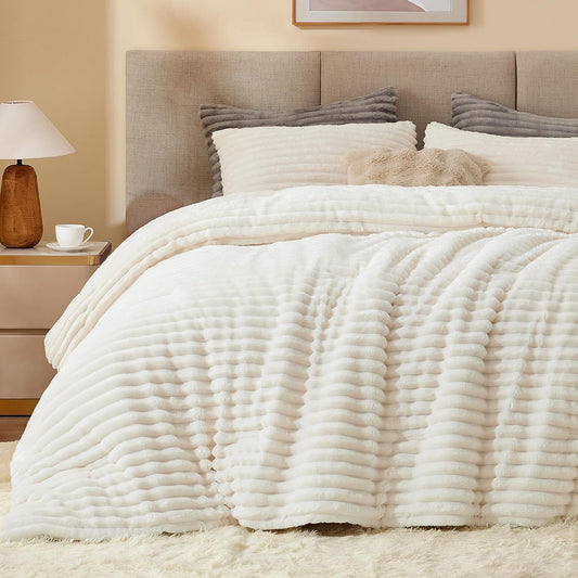 BEDELITE Fleece Queen Comforter Set, Fluffy Bed Set, Cream White
